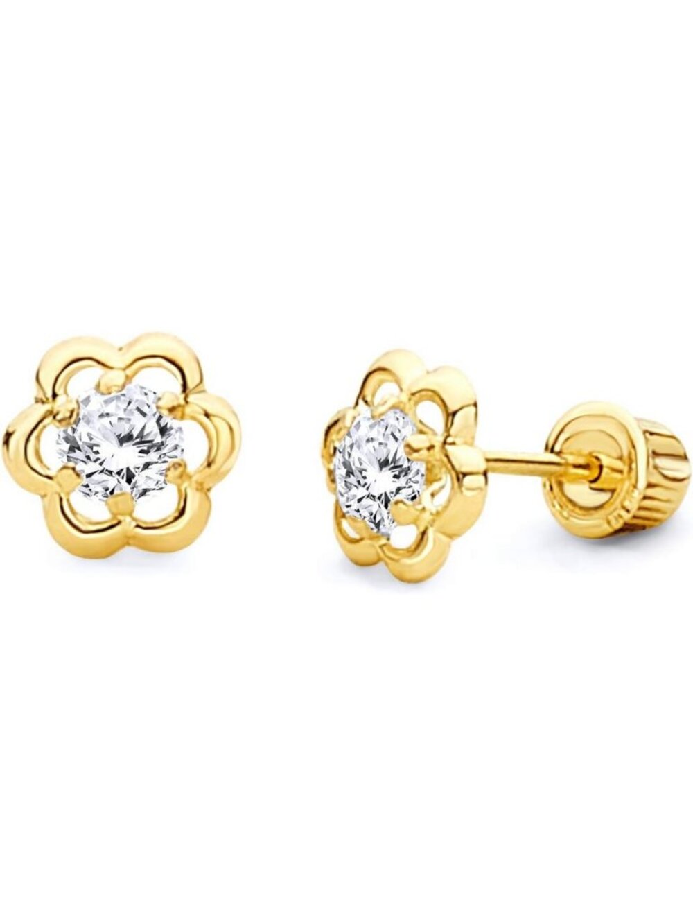 14k Yellow Gold Flower CZ Stud Earrings, Screw Back, Elegant Jewelry Gift